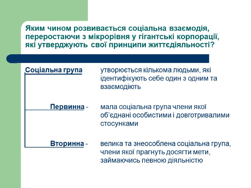 Яким чином розвивається соціальна взаємодія, переростаючи з мікрорівня у гігантські корпорації,  які утверджують